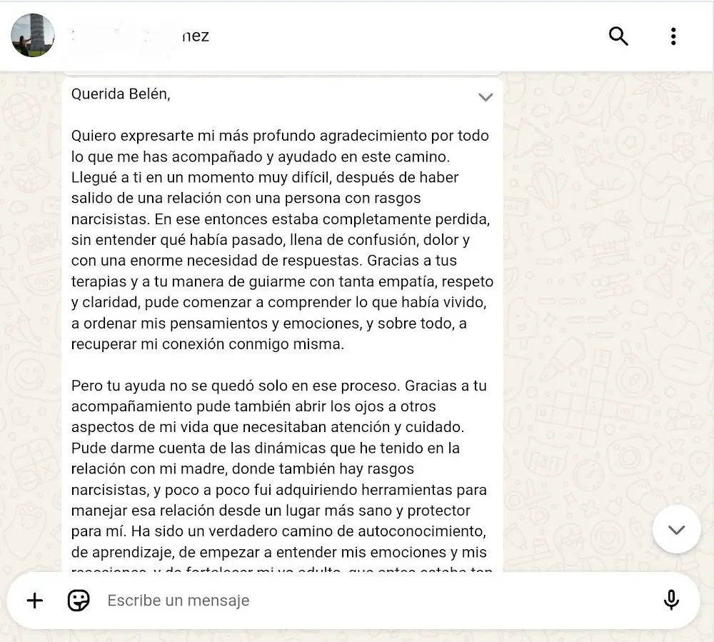Testimonio 1, parte 1: mujer agradece a Belén Tarnowski por acompañarla tras salir de una relación con rasgos narcisistas, comprender lo vivido y adquirir herramientas para cuidarse y hasta sanar vínculos familiares.