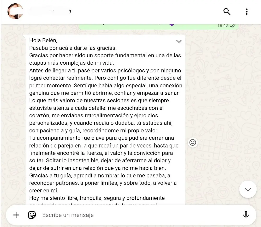Testimonio 2, parte 1: mujer relata que Belén Tarnowski fue un apoyo fundamental en una etapa muy compleja, le permitió sanar, cerrar una relación de pareja dañina y aprender a reconocer patrones, poner límites y creer de nuevo en sí misma.