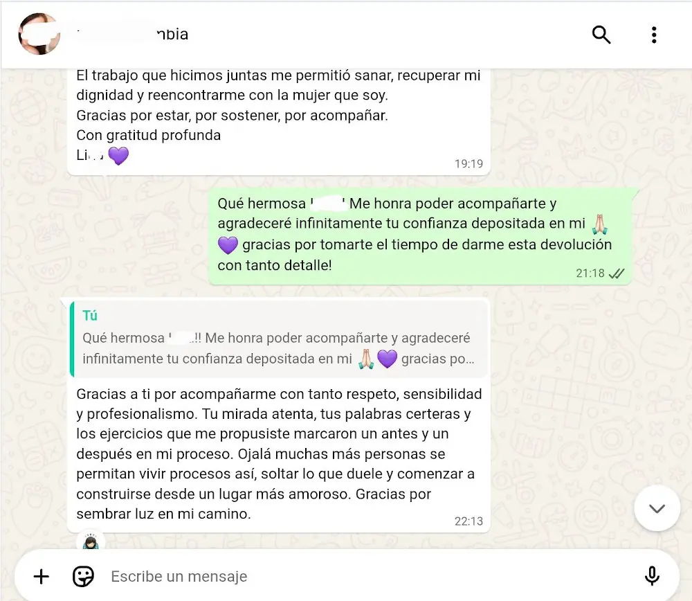 Testimonio 2, parte 2: la misma mujer agradece el respeto, sensibilidad y profesionalismo de Belén Tarnowski, valora los ejercicios que marcaron un antes y un después y dice que ahora puede construirse desde un lugar más amoroso y consciente.