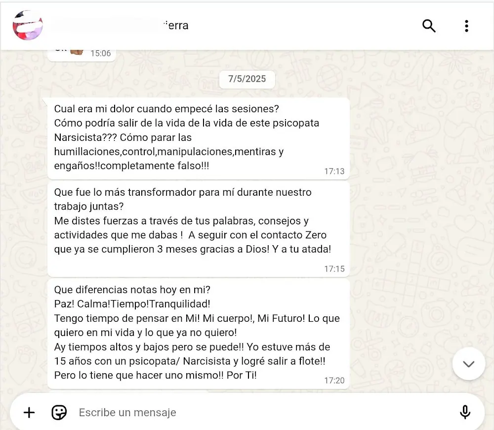 Testimonio 3, sobre salir de una relación con un psicópata o narcisista gracias al proceso terapéutico.