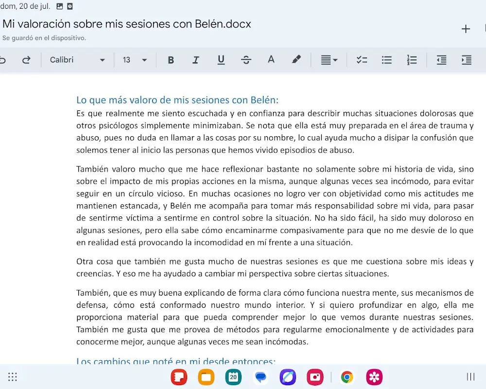Testimonio 4, parte 1: mujer explica que en las sesiones con Belén Tarnowski se siente escuchada y en confianza, comprende mejor sus experiencias de abuso, cuestiona creencias antiguas y aprende herramientas para entender su mente y regular sus emociones.
